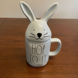 RAE DUNN by Magenta "Hop to it" EASTER BLUE w/ Topper Bunny Rabbit Coffee Mug